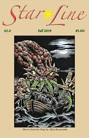 Journal cover of Star*Line 42.4 Fall 2019 with large Lovecraftian monster attacking soldiers in a row boat