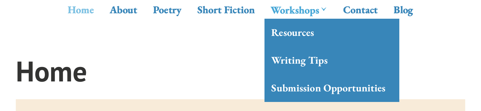 Screen shot of updated website menus (home, about, poetry, short fiction, workshops, contact, and blog)